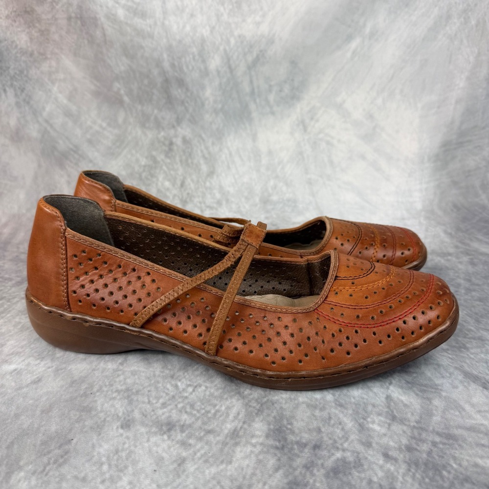 Rieker Antistress Brown Leather Perforated Mary Jane Flats Womens 41 Boho Shoes